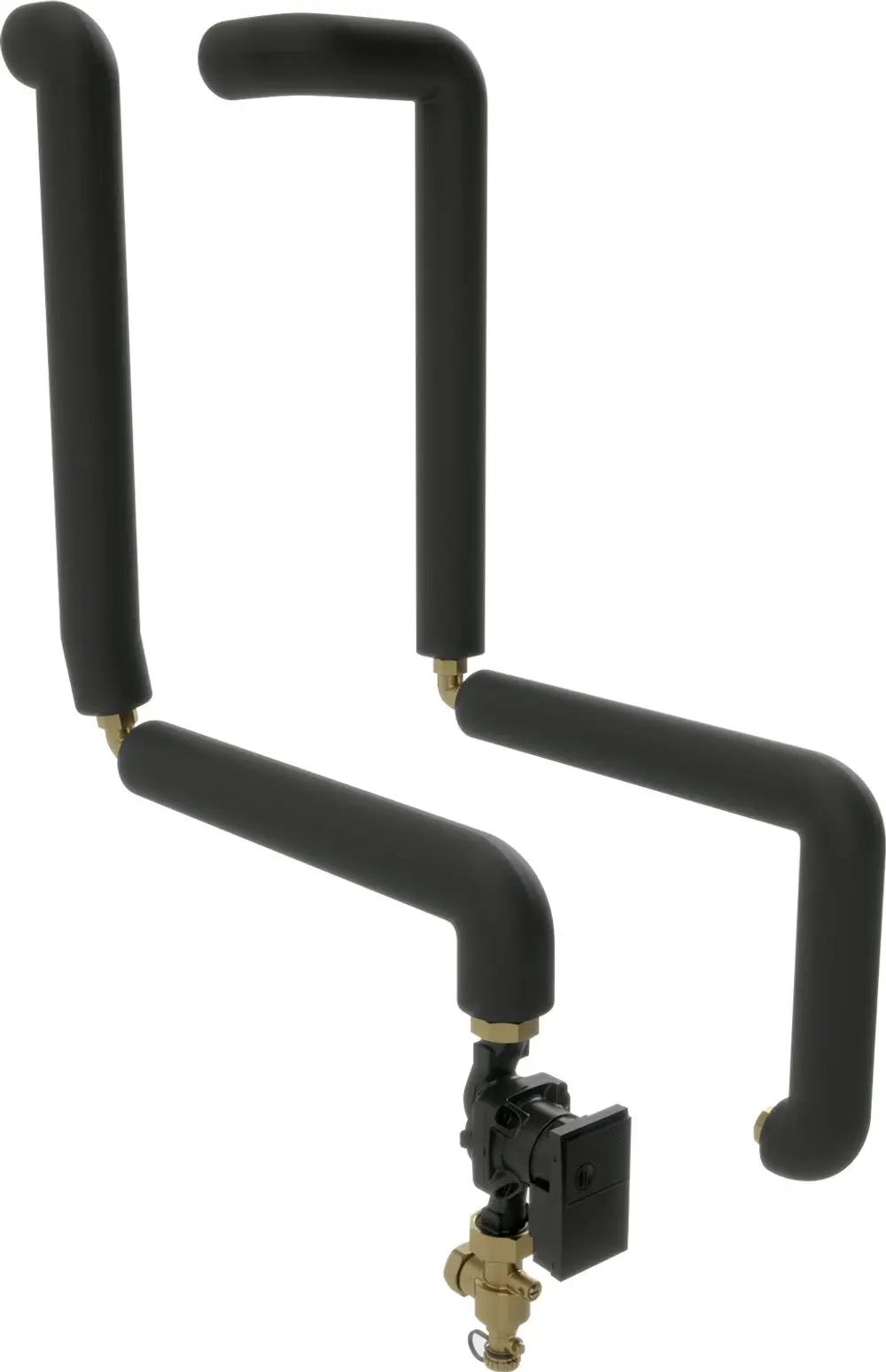 Verbindungselement für Warmwasserspeicher mit schwarzen Rohrleitungen und einem Steuerungselement. Geeignet für Bosch Heizkessel-Anwendungen.